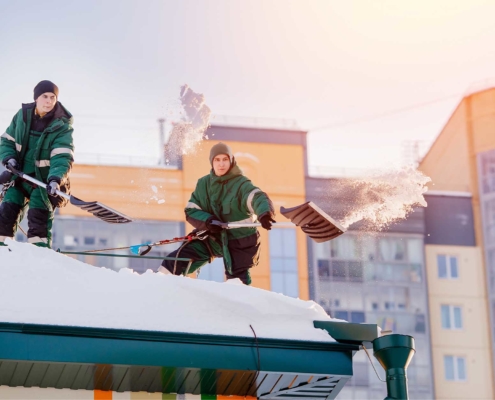 Professionals in protective standing gear shoveling on roof