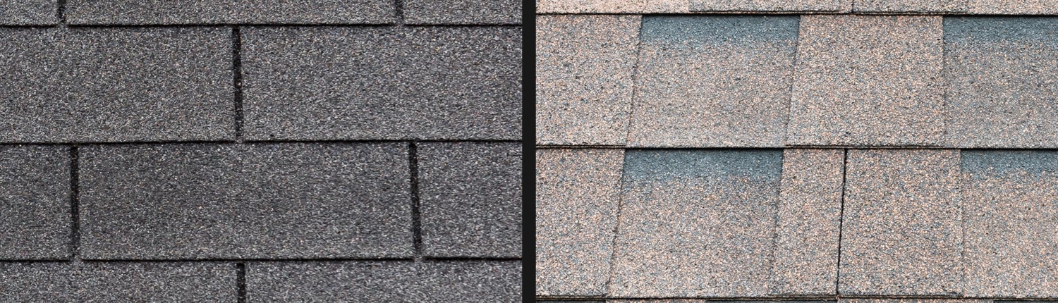 Two images, left image is of side-by-side gray shingles, right image is of reddish-gray layered shingles