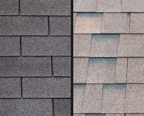Two images, left image is of side-by-side gray shingles, right image is of reddish-gray layered shingles